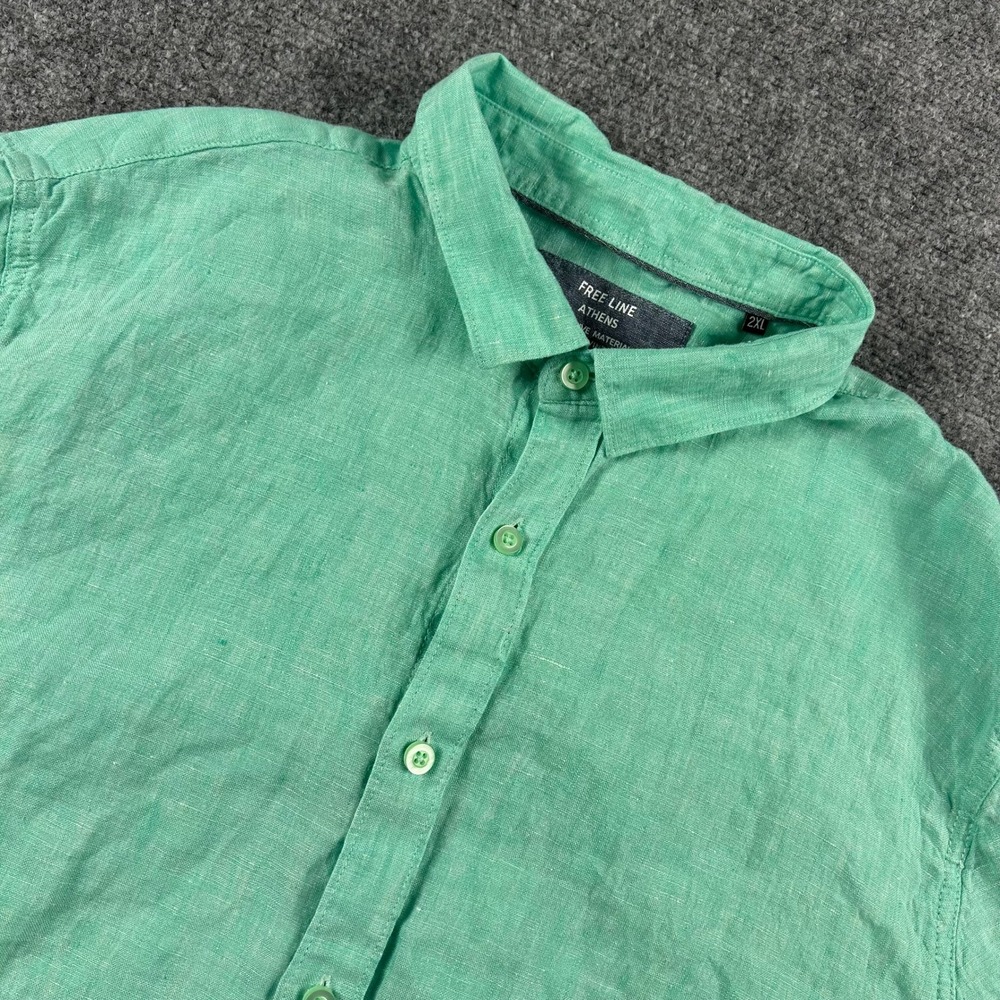 Free Line Athens Button Up Shirt Mens 2XL Green 100% Linen Long Sleeve Regular